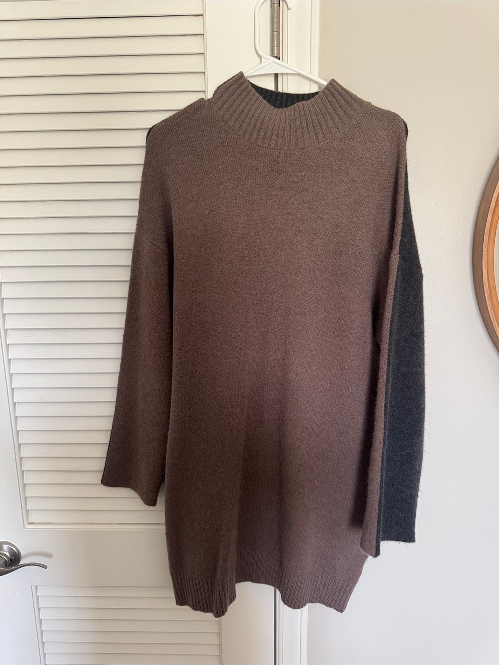 Women’s Brown Crewneck Sweater Dress. Front is brown back is gray.